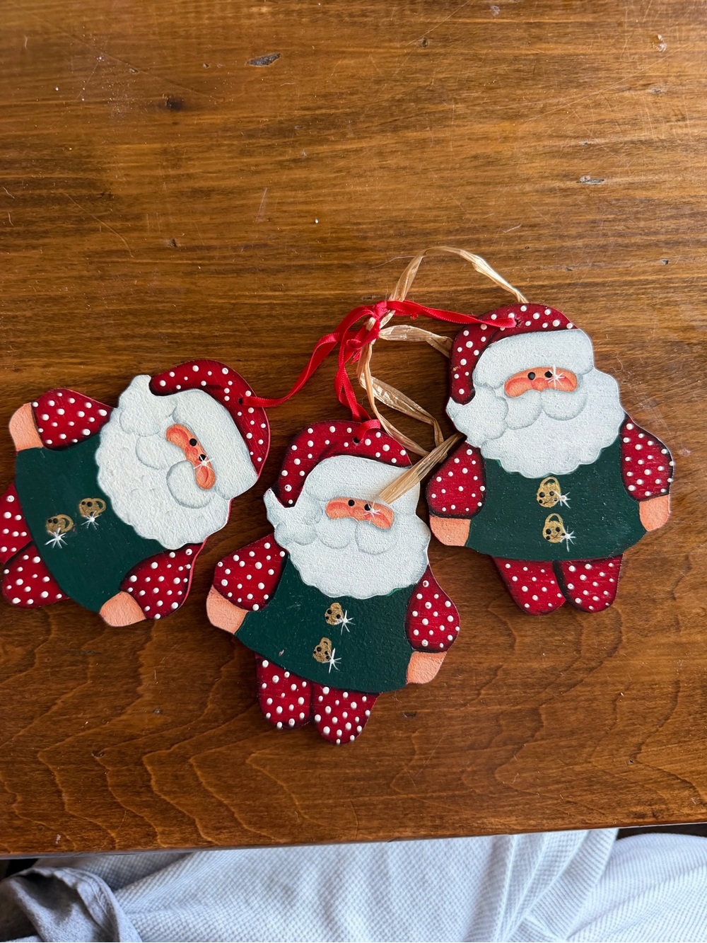 3 painted wooden Santa ornaments or present toppers Christmas vintage holiday